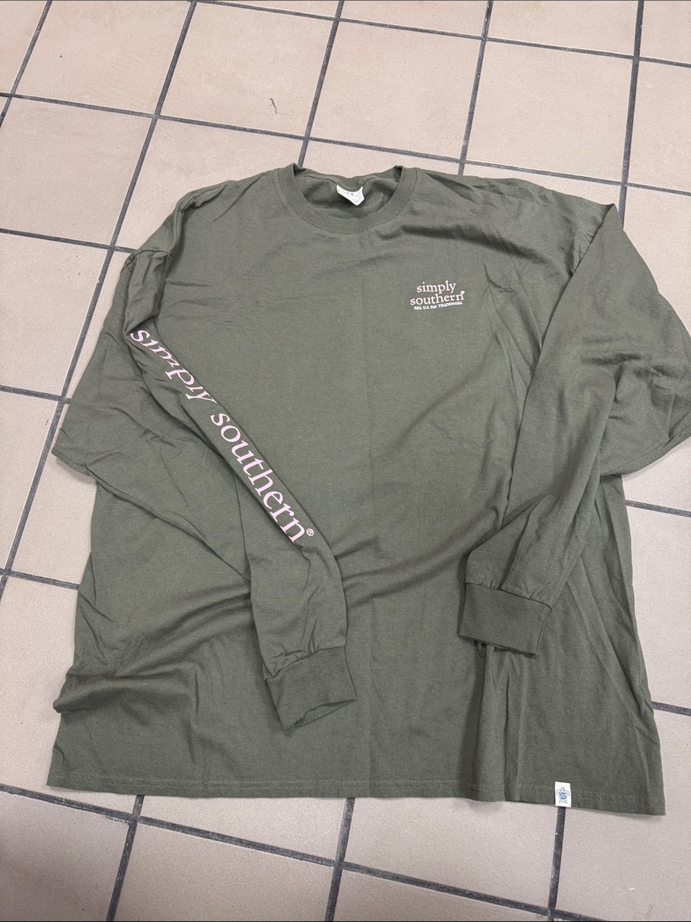 Simply Southern Olive Green Long Sleeve Tee with Pink Sleeve Script